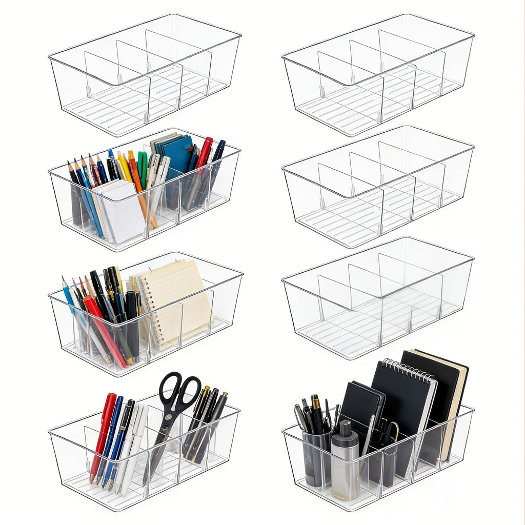 Pantry Organizer Bins 8 Pack Clear Plastic Food Storage Bins with Removable Dividers 4 Compartments for Kitchen Cabinet, Fridge & Countertop ¨C Snack, Spice & Packet Organizer