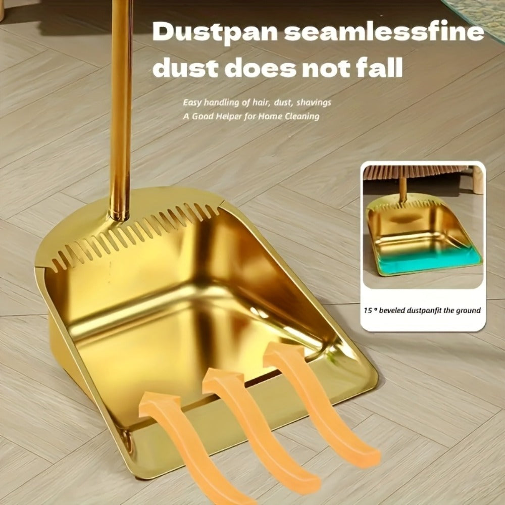 Broom and Dustpan Set Premium Golden Stainless Steel Extra Long Handle Microfiber Bristles V-Shape Leakproof Dustpan Heavy Duty Indoor Outdoor Sweeper for Kitchen Patio Hardwood Tile Floor