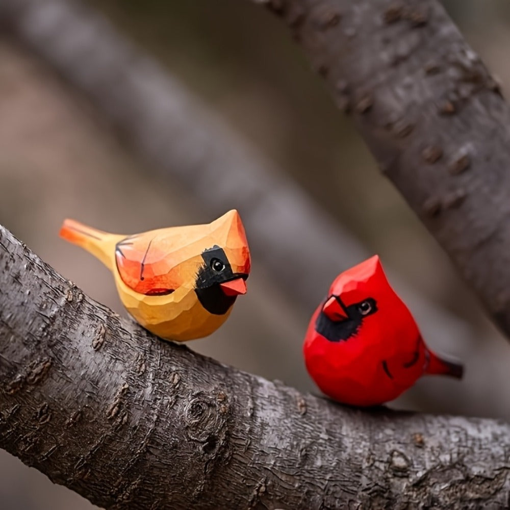Cardinal Bird Statues Handmade Wood Carving 2pcs - Painted Decorative Bird Figurines for Home Decor Shelf Garden - Best Gift for Bird Lovers Birthday Christmas Family Friends