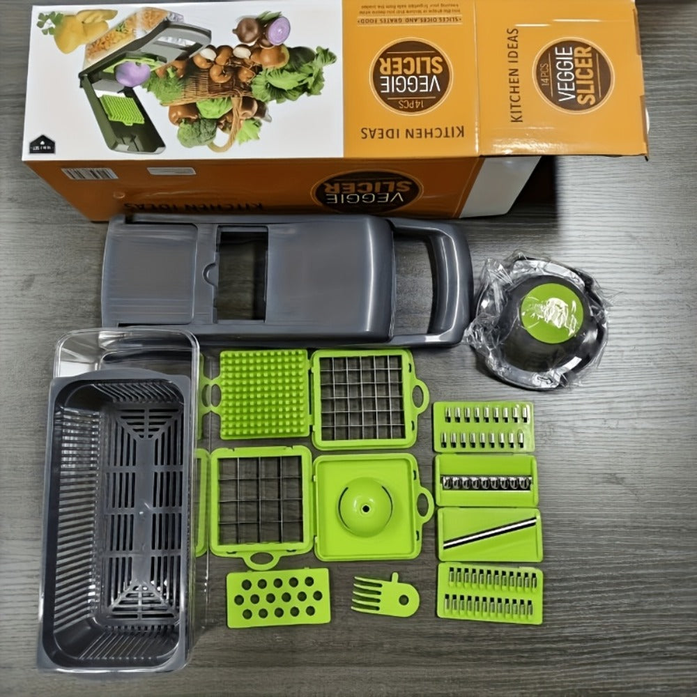 14-in-1 Vegetable Chopper & Food Dicer | Stainless Steel Blades, Large Capacity Collector, Egg Separator, Easy Clean ¨C Manual Kitchen Slicer Grater