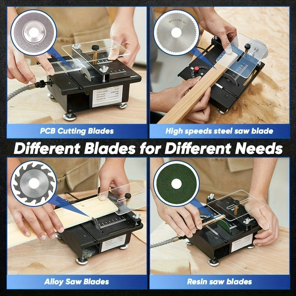 Mini Table Saw Multifunctional Desktop Cutting Machine ¨C 100W Motor, 7-Speed Adjustable, 0¨C90¡ã Angle Cut, 4 Saw Blades Included, Portable DIY Table Saw for Wood, Metal, Plastic, PCB, Acrylic ¨C with Extra Accessories Option