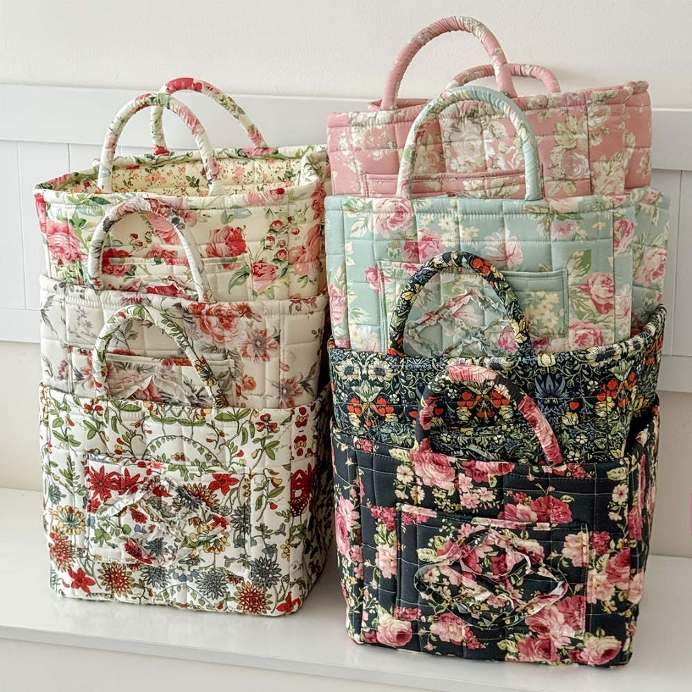 Floral Storage Basket Large Capacity Quilted Vintage Flower Pattern Portable Home Organizer Basket for Shelf Bedroom Closet Living Room Pink Peony Red Marigold Boho Decor