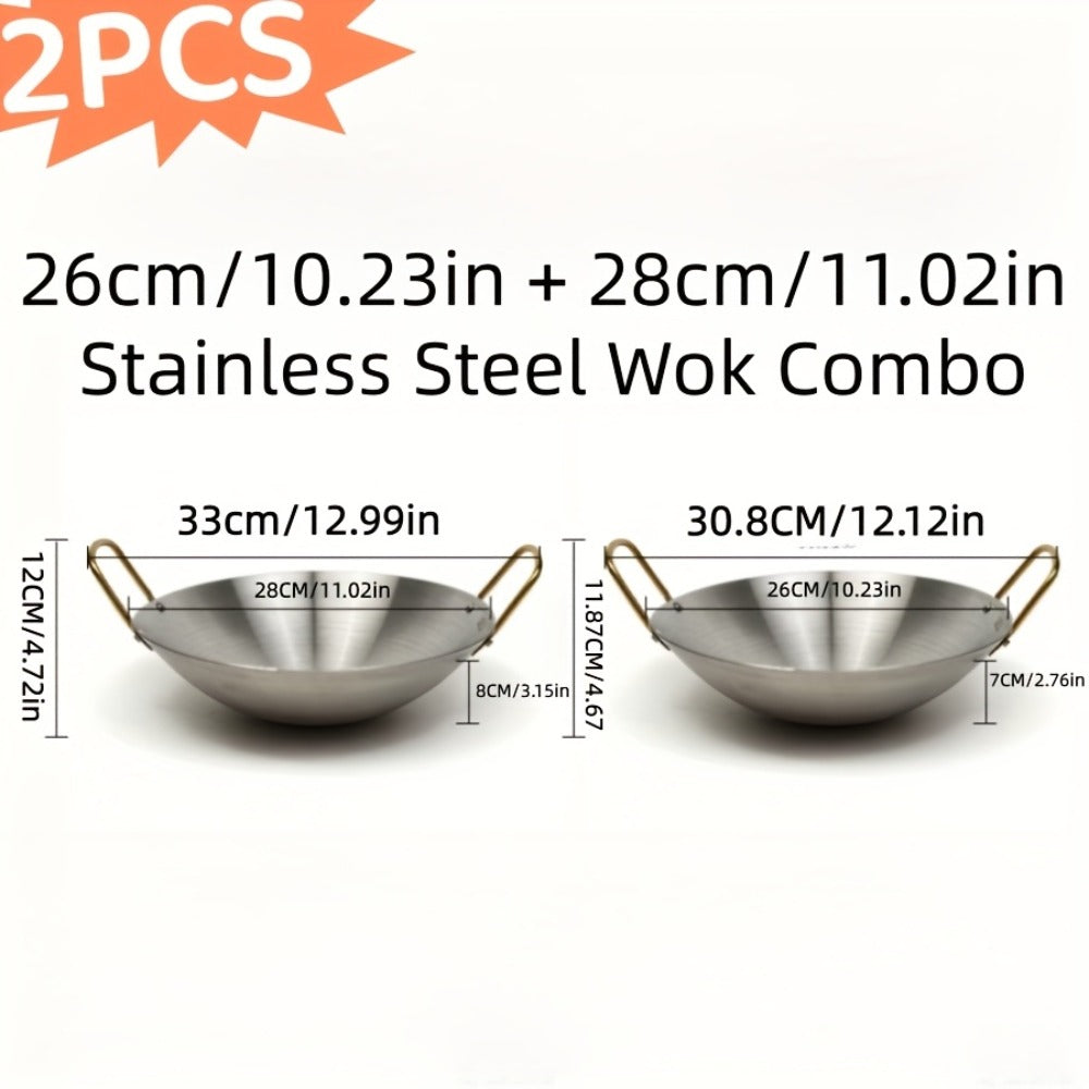 Stainless Steel Wok Set 2pcs 10in + 11in | Heavy Duty Non-Stick Frying Pan with Stainless Steel Handle ¨C Dishwasher Safe Cookware for Home Kitchen & Outdoor Cooking