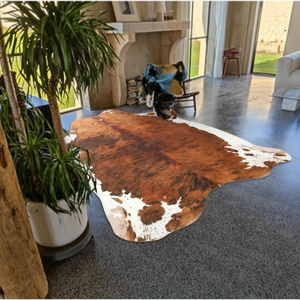 Faux Cowhide Rug Brown Western Style Area Carpet | Non-Slip Suede Backing | 5.2¡Á4.6 & 6.2¡Á5.2 Ft | Living Room Bedroom Office