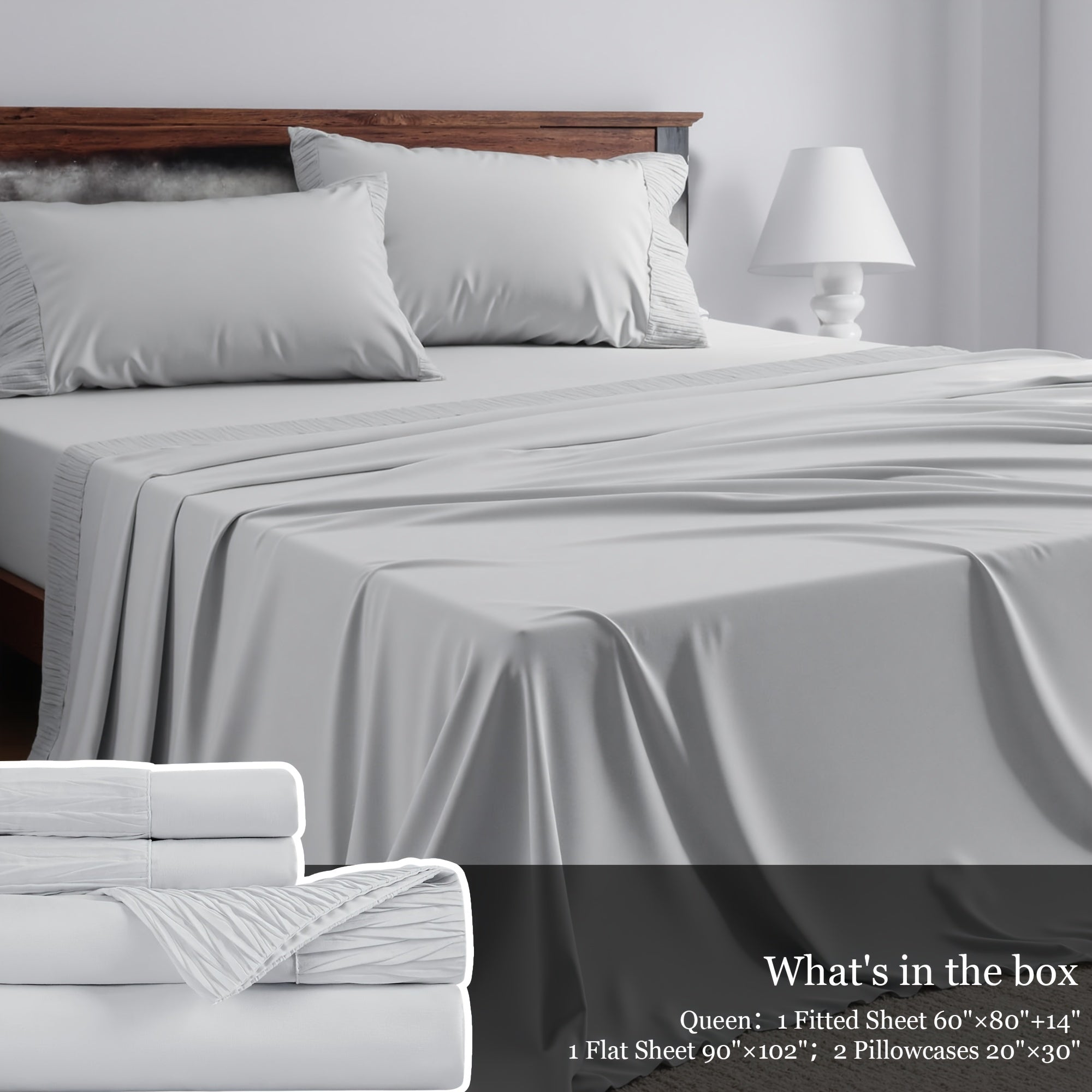 Bed Sheet Set 4-Piece Soft Breathable Cooling Sheets - Flat Sheet, Fitted Sheet & 2 Pillowcases, Wrinkle-Free Hotel Luxury Bedding, All Season Comfort