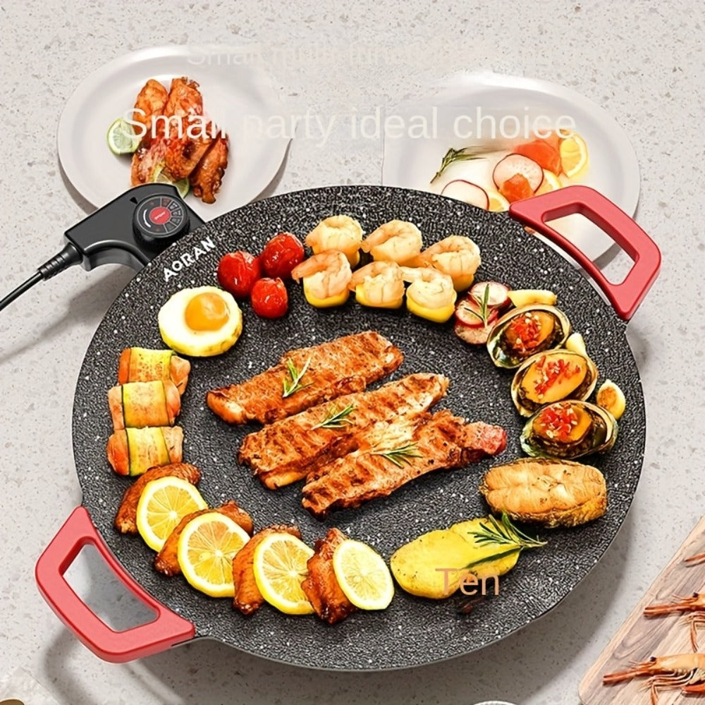 Korean BBQ Grill Pan ¨C Round Non-Stick Multi-Functional Electric Grill Pan with Red Handle & Adjustable Settings, Home & Outdoor BBQ Pot for Family Gatherings, Available in 14.17¡± & 15.75¡±