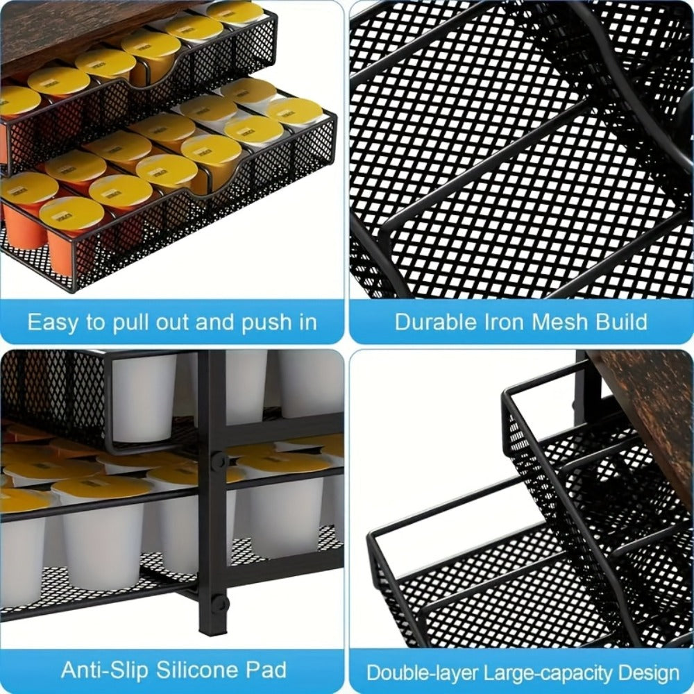 Coffee Pod Holder K-Cup Storage Drawer with Sliding Basket | 48-Capsule Double Layer Coffee Capsule Organizer for Countertop | Compatible with Nespresso Keurig Pods | Brown Coffee Bar Accessory