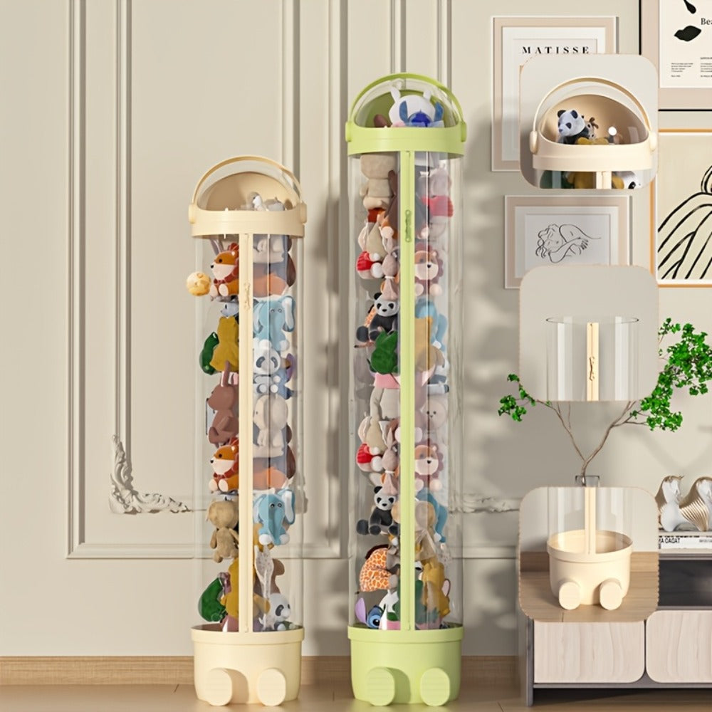 Stuffed Animal Storage Bin Transparent Cylindrical with Zipper ¨C Large Plush Toy Organizer for Kids Bedroom Living Room ¨C Clear Doll Storage Bag Easy Assembly
