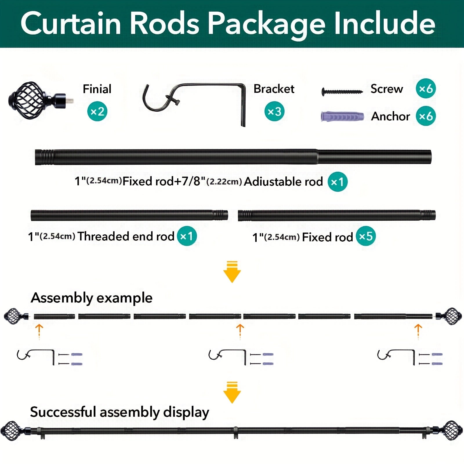 Black Adjustable Curtain Rod Heavy Duty Farmhouse Decorative Drapery Rod for Bedroom Living Room Kitchen Patio 4 Sizes Easy Install