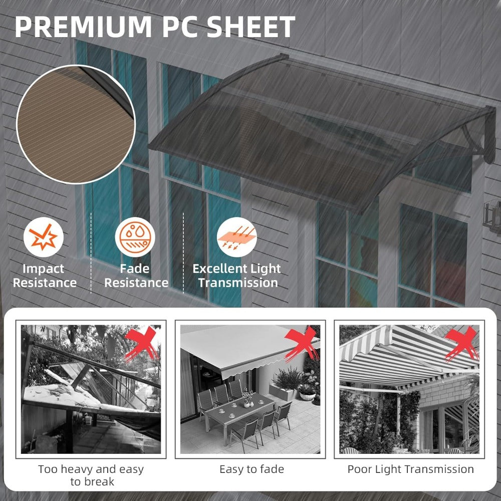 Polycarbonate Window Awning Door Canopy - UV Rain Snow Sun Protection Overhang for Doorways, Patio & Windows, Multiple Sizes, Black/Gray Bracket with Blue/Clear/Brown Board