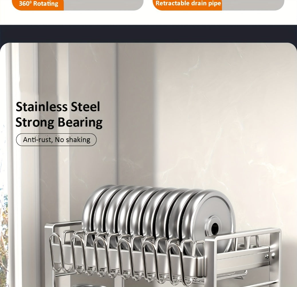 Stainless Steel 2-Tier Dish Rack with Auto Drainage | Rust-Resistant Kitchen Drying Rack for Dishes, Bowls, Cups & Utensils