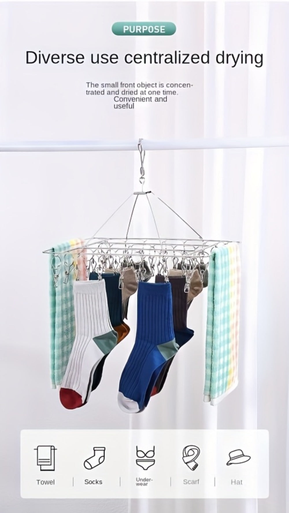 Clothes Drying Rack with Clips Stainless Steel Laundry Hanger Windproof Skidproof Multi-Clip Sock Underwear Dryer for Home Bedroom Balcony ¨C 30/40/50 Clips