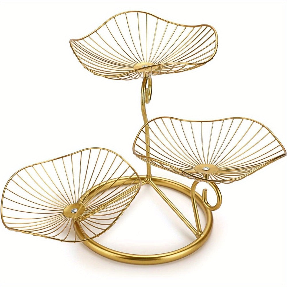 Fruit Basket Stand 3-Tier Decorative Iron Metal Wire Fruit Bowl with Lotus Leaf Design, Countertop Holder for Fruits Vegetables Bread Snacks, Modern Home Kitchen Table Centerpiece Organizer Gold