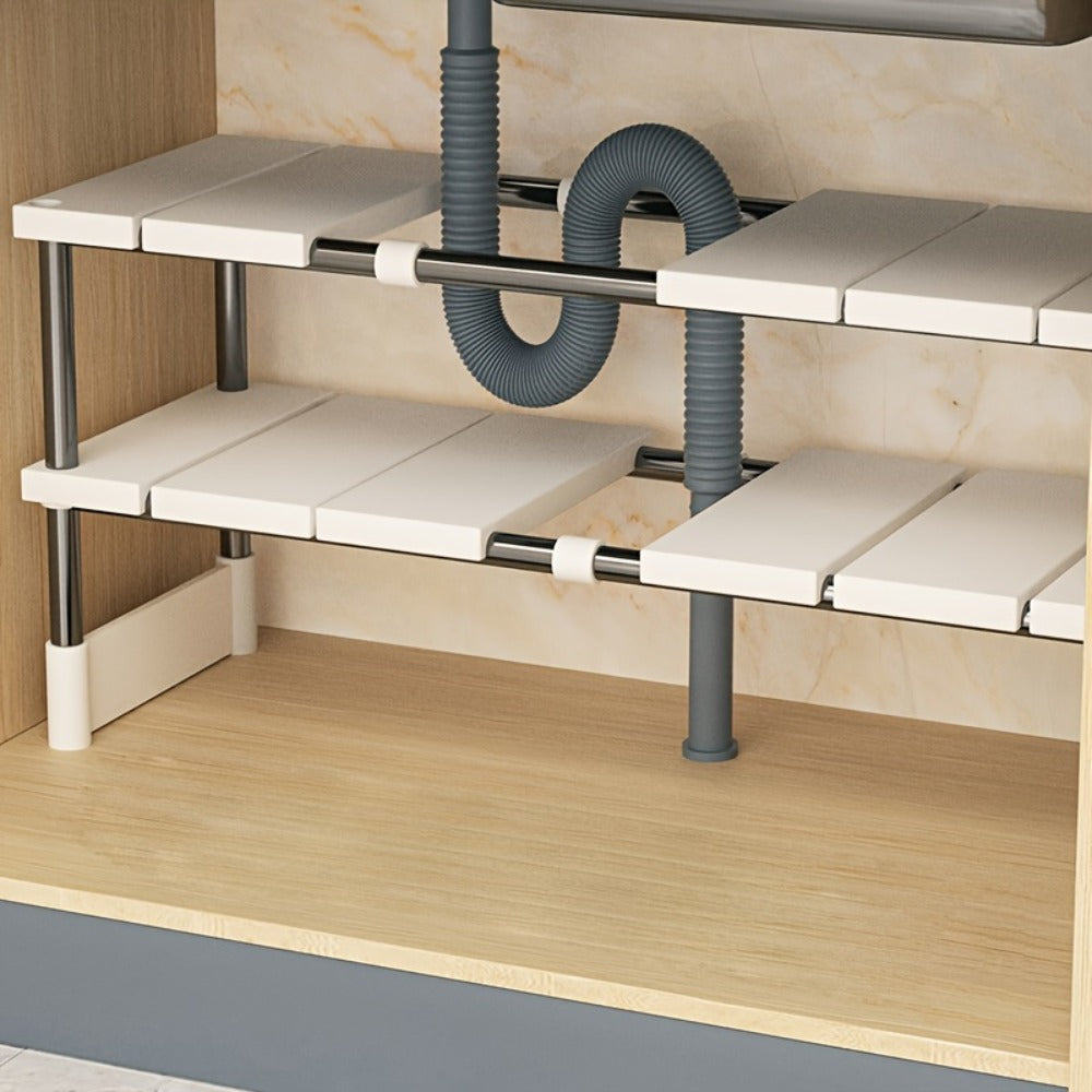 Under Sink Organizer Adjustable - Stainless Steel and Plastic Cabinet Storage Shelf for Kitchen and Bathroom, Space Saving Single Layer Rack for Pots Cleaning Supplies and Toiletries, Multi-Functional Under Cabinet Organizer and Storage