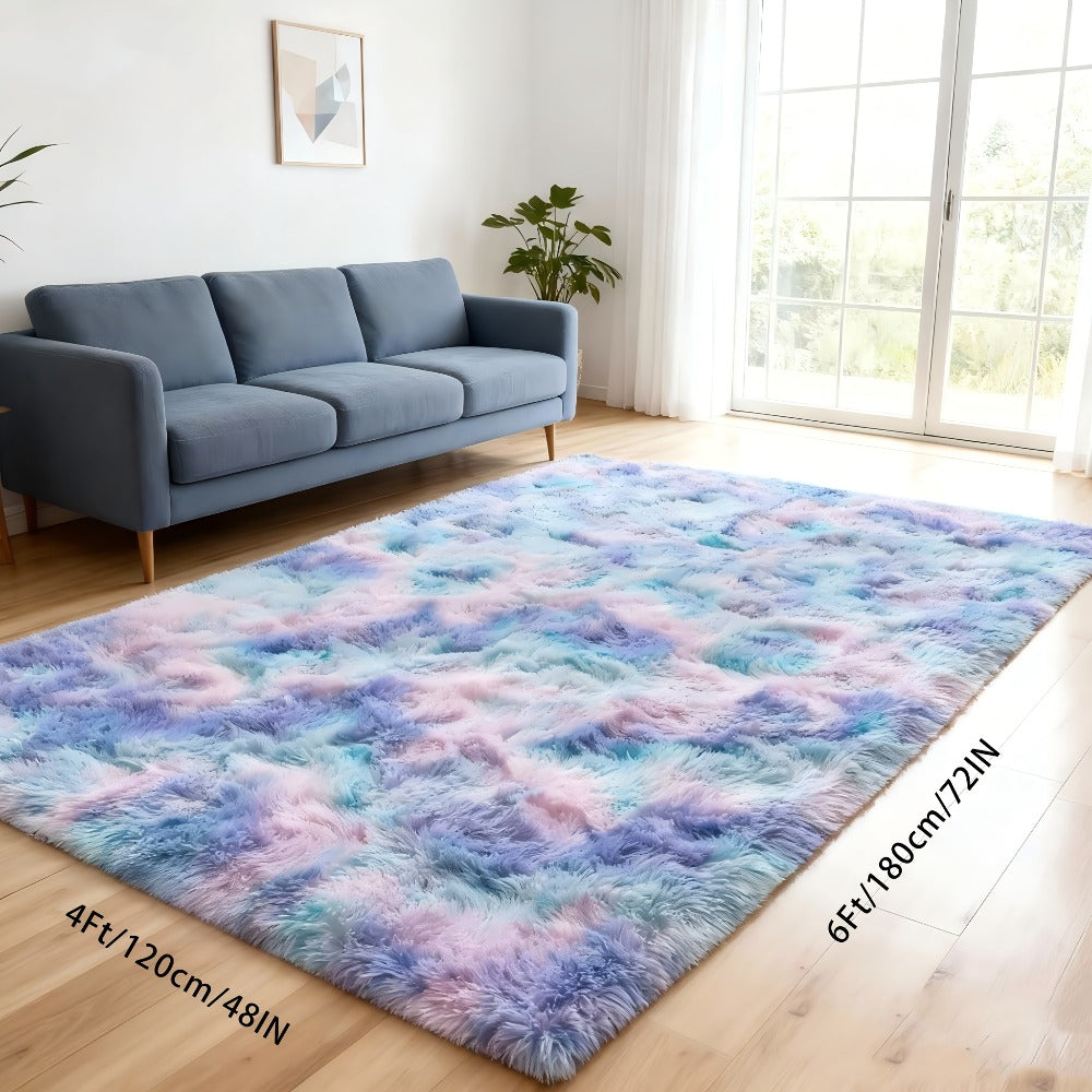 Fluffy Area Rug 4x6 - Soft High Pile Shaggy Carpet Non-Slip Indoor Floor Mat for Bedroom Living Room Dining Room, Blue & Tie Dye Rainbow Purple