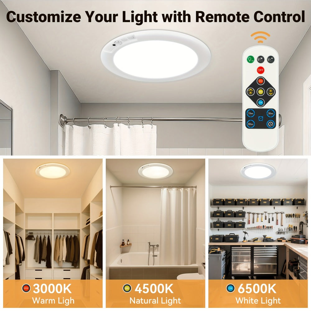 Rechargeable LED Ceiling Light with Motion Sensor ¨C Remote Control Dimmable, 3 Color Temps 3000K/4500K/6500K, 10 Brightness Levels, Battery Operated Closet Light for Bathroom Hallway Pantry Porch
