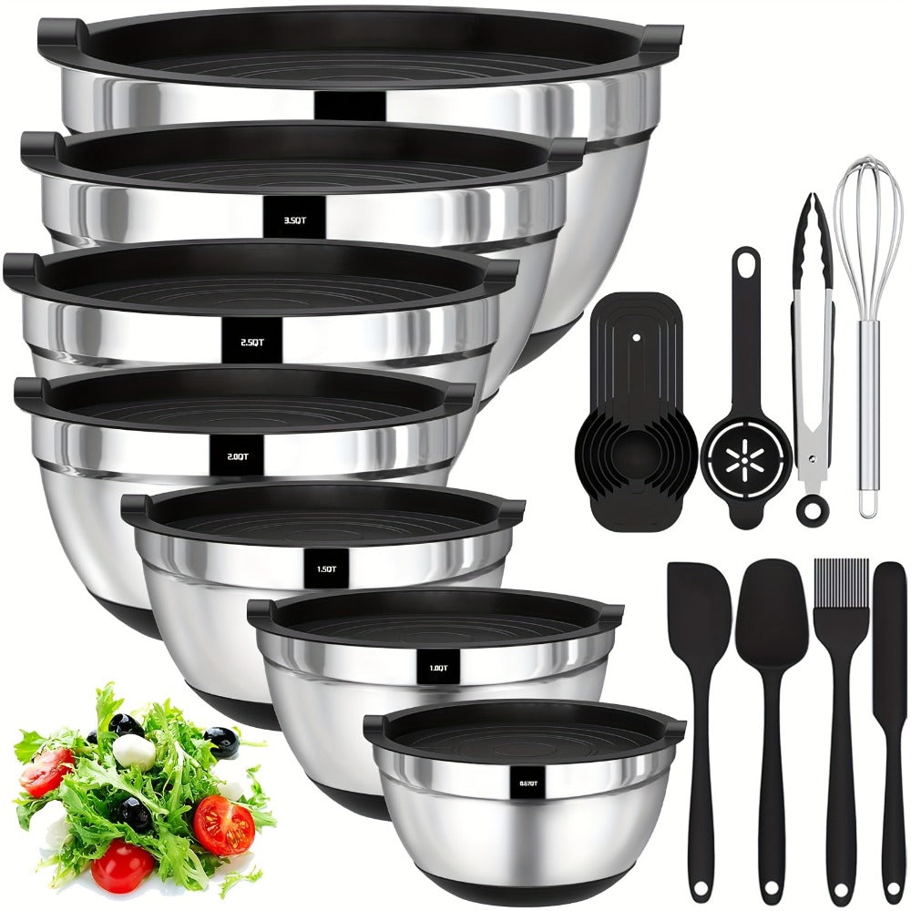 Stainless Steel Mixing Bowls with Airtight Lids 20-Piece Set ¨C Non-Slip Silicone Bottom, Nesting Bowls in 7 Sizes (0.67¨C7 QT) for Mixing, Baking & Serving ¨C Kitchen Bowl Set with Lids