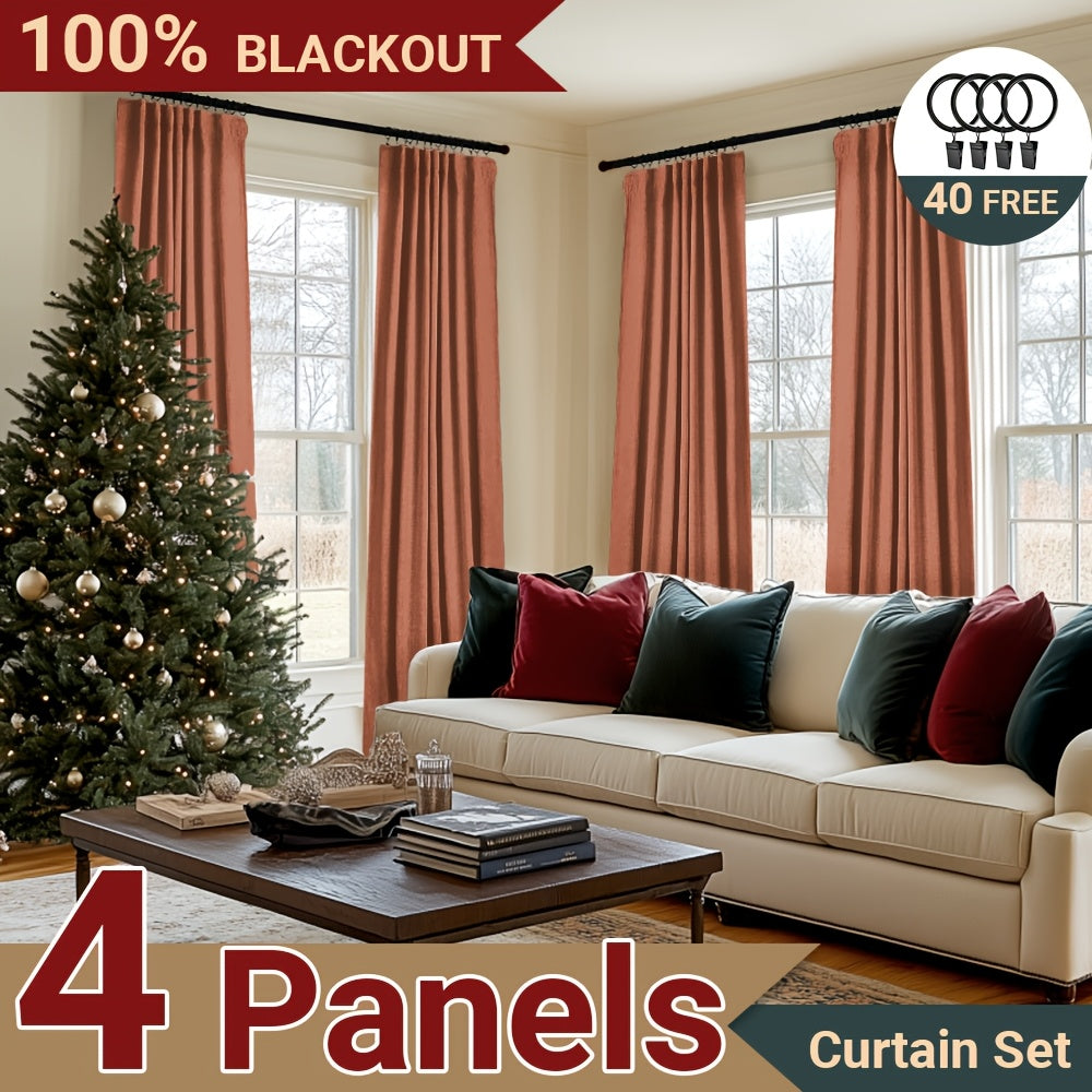 100% Blackout Curtains 4 Panels Faux Linen Textured Thermal Insulated Drapes - Room Darkening Window Curtains for Living Room Bedroom, Clip Rings & Rod Pocket, Energy Efficient Home Decor 50W x 84-120L