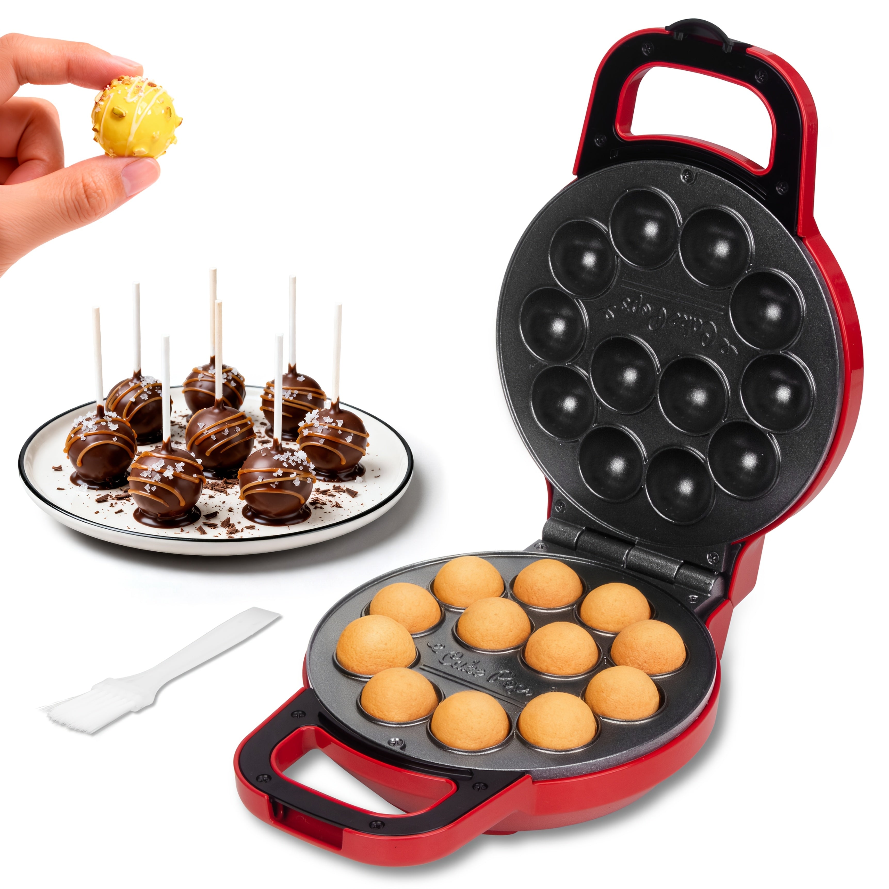 Cake Pop Maker Machine 12-Cavity 1.6 Inch ¨C Electric Cake Pop Set with Flip-Over Even Heating Design, Cake Pop Stand, Sticks & Fork Tool Included, Red & Aqua