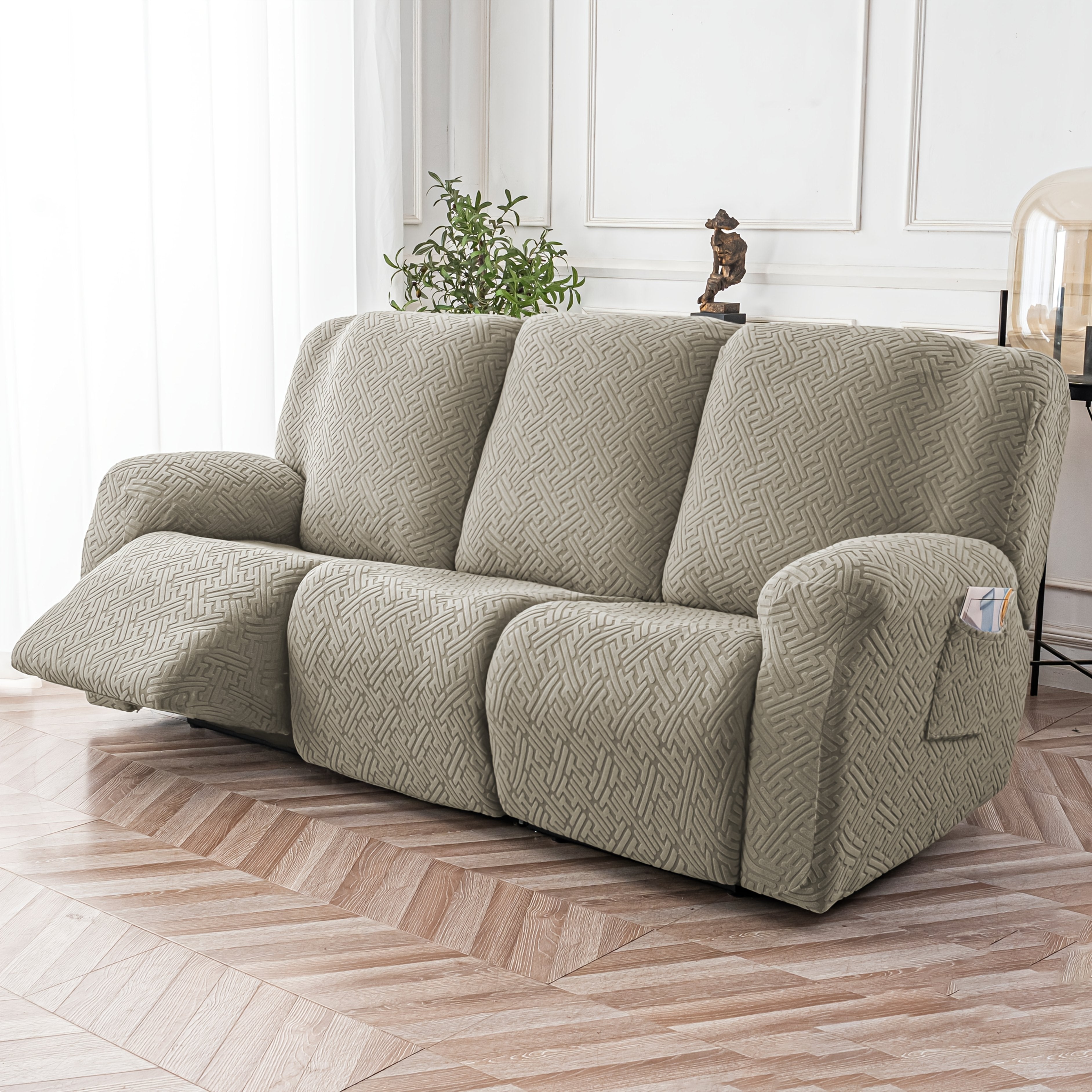 Recliner Sofa Slipcover Set 8pcs 3-Seat Jacquard Furniture Protector with Pocket Flexible Soft Slide Sleeve Cover for Sofa Couch Office Living Room Home Decor Multiple Colors