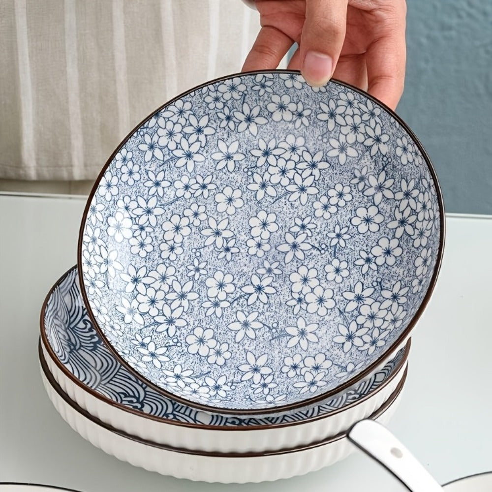 Blue White Ceramic Plates Set of 4 Round Shallow Serving Plates for Pasta Salad Bread Desserts - Holiday Dinnerware for Christmas Easter Thanksgiving Table Settings, Easy to Clean Dishwasher Safe
