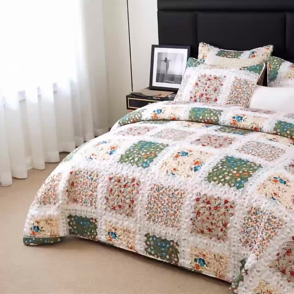 Quilt Set 2 3 Piece Lightweight Floral Patchwork Coverlet Bedding Set with Pillow Shams, Boho Quilted Bedspread for Twin Full Queen King, All Season Soft Cozy Bed Cover Green Blue Pink Grey
