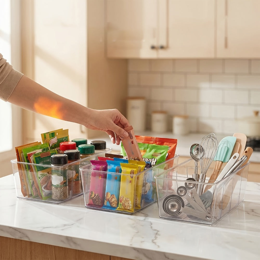 Clear Pantry Storage Bins Set of 8 with Dividers - Transparent Refrigerator Organizer Bins for Kitchen Cabinet, Pantry Organization, Snack Packet Spice Pouch Storage, 10.4¡± x 6.1¡± x 3.5¡±