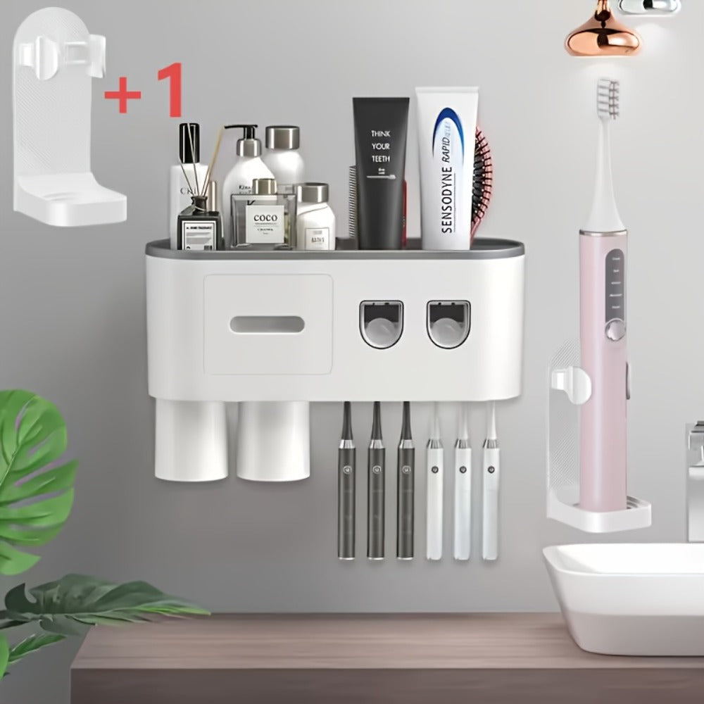 Wall Mounted Toothbrush Holder with Automatic Toothpaste Dispenser - 3 Cups Bathroom Organizer, Space-Saving Toothbrush Cup Holder for Family, Black & Gray