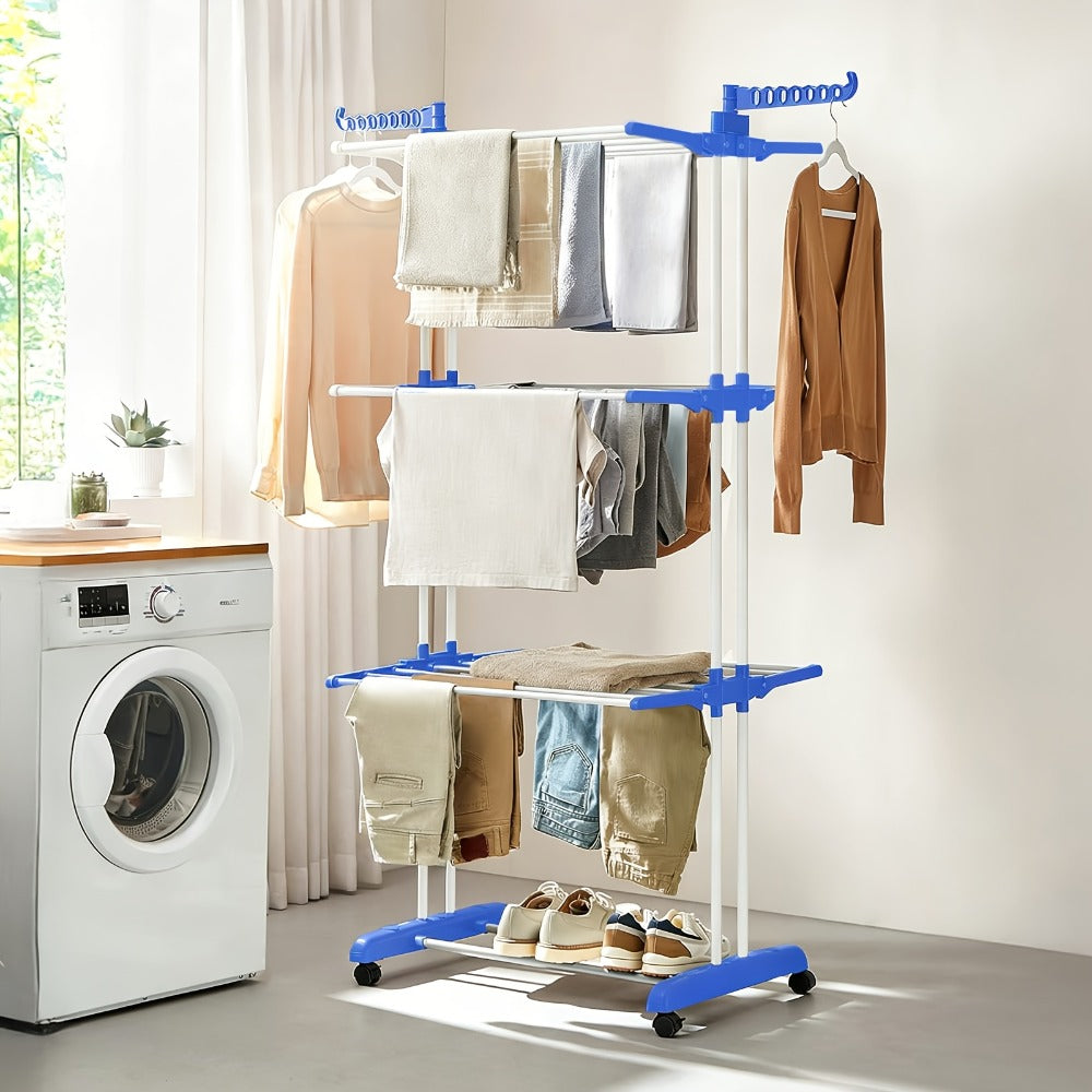 Clothes Drying Rack 4-Tier Foldable Metal Laundry Rack with Rolling Casters, Holds 30+ Garments, Adjustable Shelf Heights, Freestanding Collapsible Clothes Dryer Stand for Bedroom Bathroom Nursery Small Spaces
