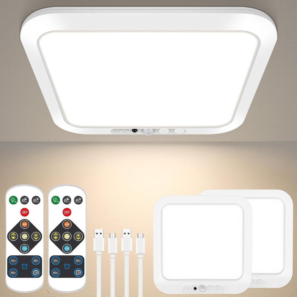 Motion Sensor Ceiling Light Rechargeable with Remote ¨C 3-Color Dimmable Wireless LED Overhead Light, No Wiring, Battery Operated for Closet, Shower, Pantry, Shed & Hallway (Round & Square, 1 or 2 Pack)