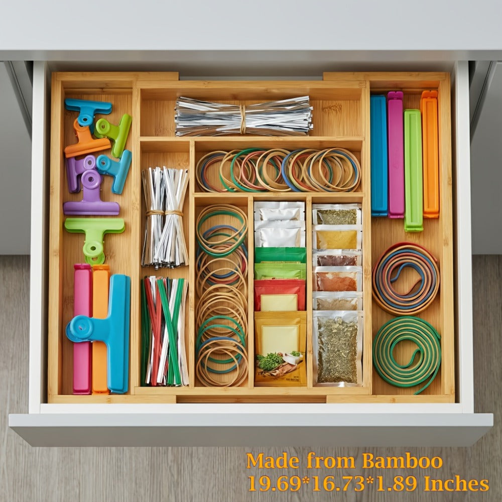 Expandable Cutlery Tray Drawer Organizer Adjustable Silverware Holder with Labels | Kitchen Drawer Organizer for Knives Forks Spoons Utensils | Bamboo & Black Drawer Divider for Kitchen Bedroom Office