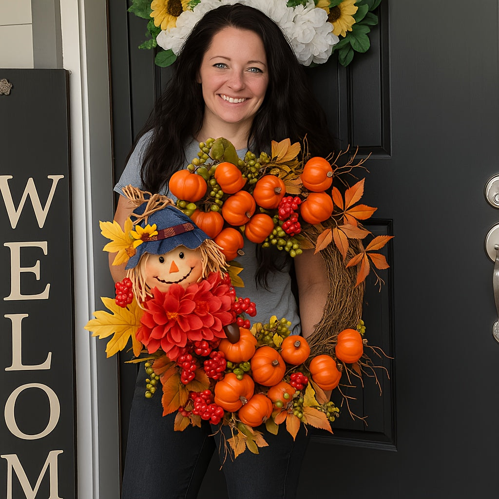 Fall Wreath for Front Door Autumn Thanksgiving Pumpkin Leaves Floral Doll Wreath Indoor Outdoor Wall Window Holiday Home Decor Christmas