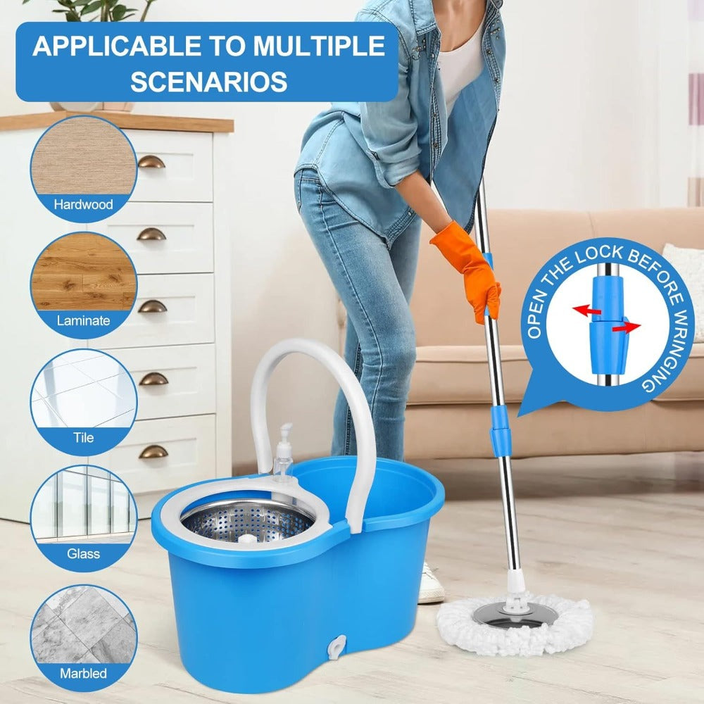 360 Spin Mop and Bucket Set with Wringer - Stainless Steel Extended Handle Spinning Mop Bucket System with Microfiber Mop Refills for Hardwood, Tile & Laminate Floor Cleaning, Black Blue Pink Red