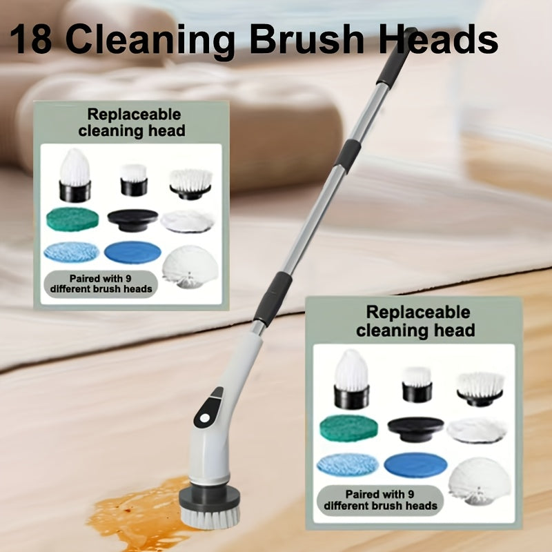 Electric Spin Scrubber with 9 Interchangeable Brush Heads 5 Speed Settings & 3 Extendable Handles - Power Scrubber for Bathroom Kitchen Tile Floor Carpet, Cordless Rotary Cleaning Brush Green White