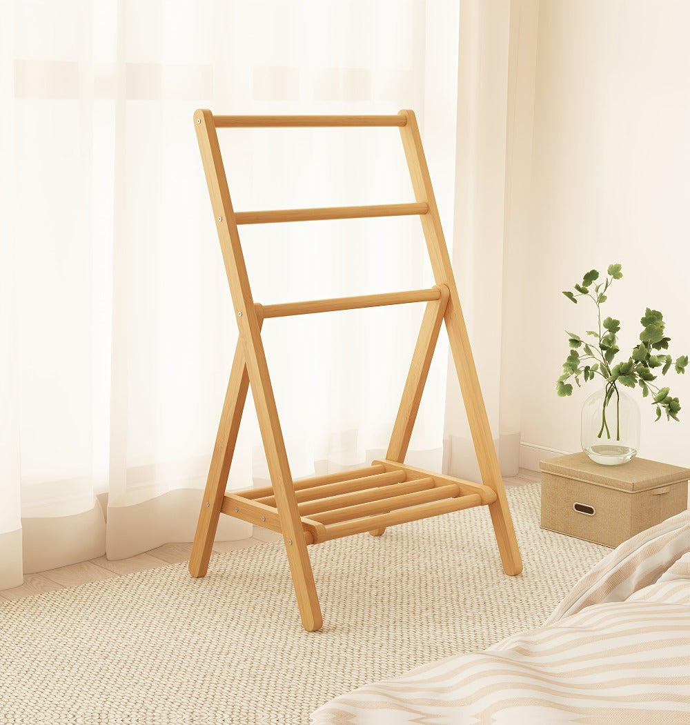 Bamboo Drying Rack 3 Tier Foldable with Storage Box - Space Saving Freestanding Clothes Hanger for Apartment, Bedroom, Bathroom & Balcony, Compact Laundry Rack for Small Spaces | Natural Burlywood