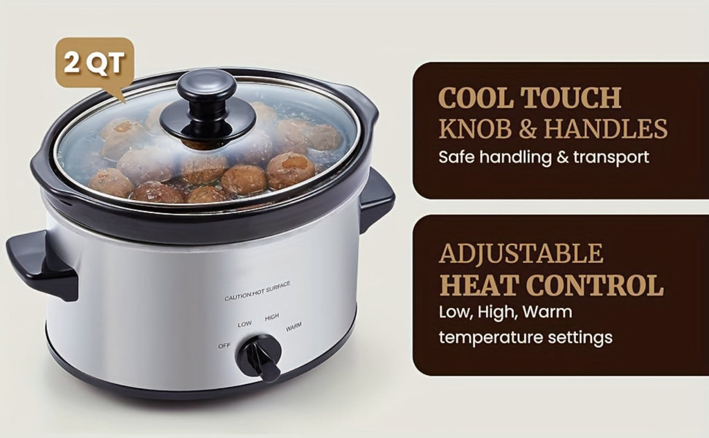 Mini Slow Cooker 1.5QT & 2.0QT with Adjustable Temperature Ceramic Crock & Dishwasher Safe Glass Lid ¨C Small Slow Cooker for Sauces Dips Soups Stews, Stainless Steel & Black