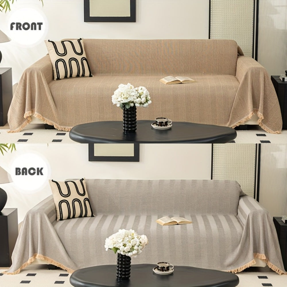 Herringbone Sofa Throw Cover with Tassels Jacquard Woven Solid Color Washable Polyester Sofa Blanket Slipcover for 3 4 Seater Couch Living Room - Grey Coffee Green Blue