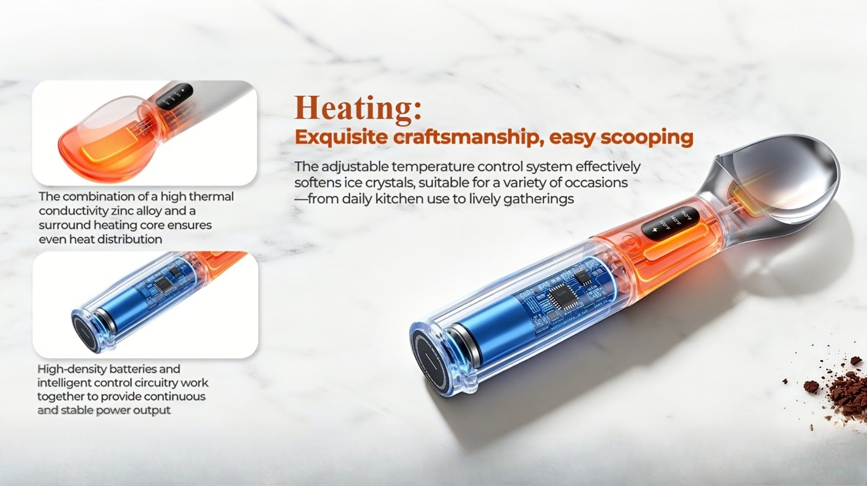Electric Heated Ice Cream Scoop USB-C Rechargeable with 3 Temperature Settings 120¡ãF 140¡ãF 160¡ãF IPX7 Waterproof Ergonomic Handle Gift for Ice Cream Lovers