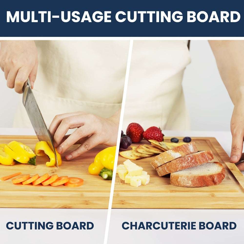 Bamboo Cutting Board Set with Storage Rack & Juice Groove | 4-Piece Kitchen Chopping Board for Vegetables Meat Fruits Bread Cheese | Eco-Friendly Wood Cutting Boards | Perfect Kitchen Gift Set