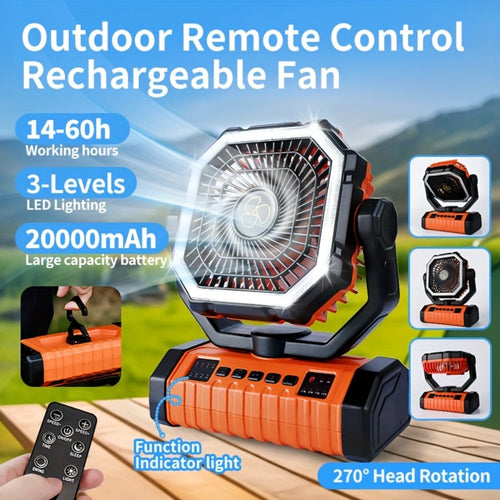 Camping Fan 20000mAh with Built-In LED Light, USB Rechargeable Portable Outdoor Fan with Sturdy Handle, Rugged Compact Design for Tent, Hiking, Fishing, Backpacking and Emergency Power Outage