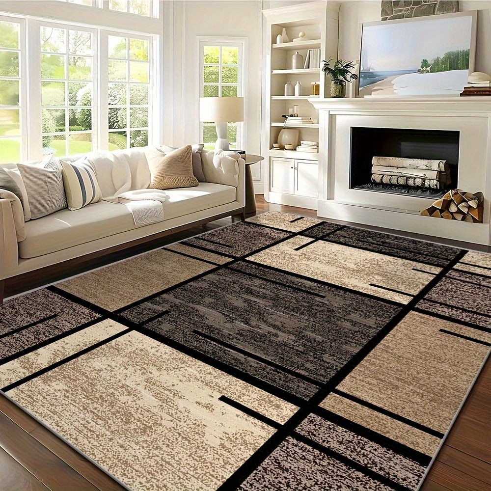 Machine Washable Area Rug Geometric Beige Brown Velvet 850 GSM Fade-Resistant Polyester Carpet for Living Room Bedroom Dining Room Office Non-Slip Rectangle Floor Rug