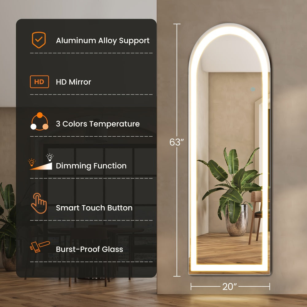 Full Length Mirror with LED Lights & Touch Sensor ¨C 64¡±x21¡± Dimmable Smart Floor Mirror, Wall Mount or Freestanding, Slim Modern Frame for Bedroom, Vanity & Dressing Room