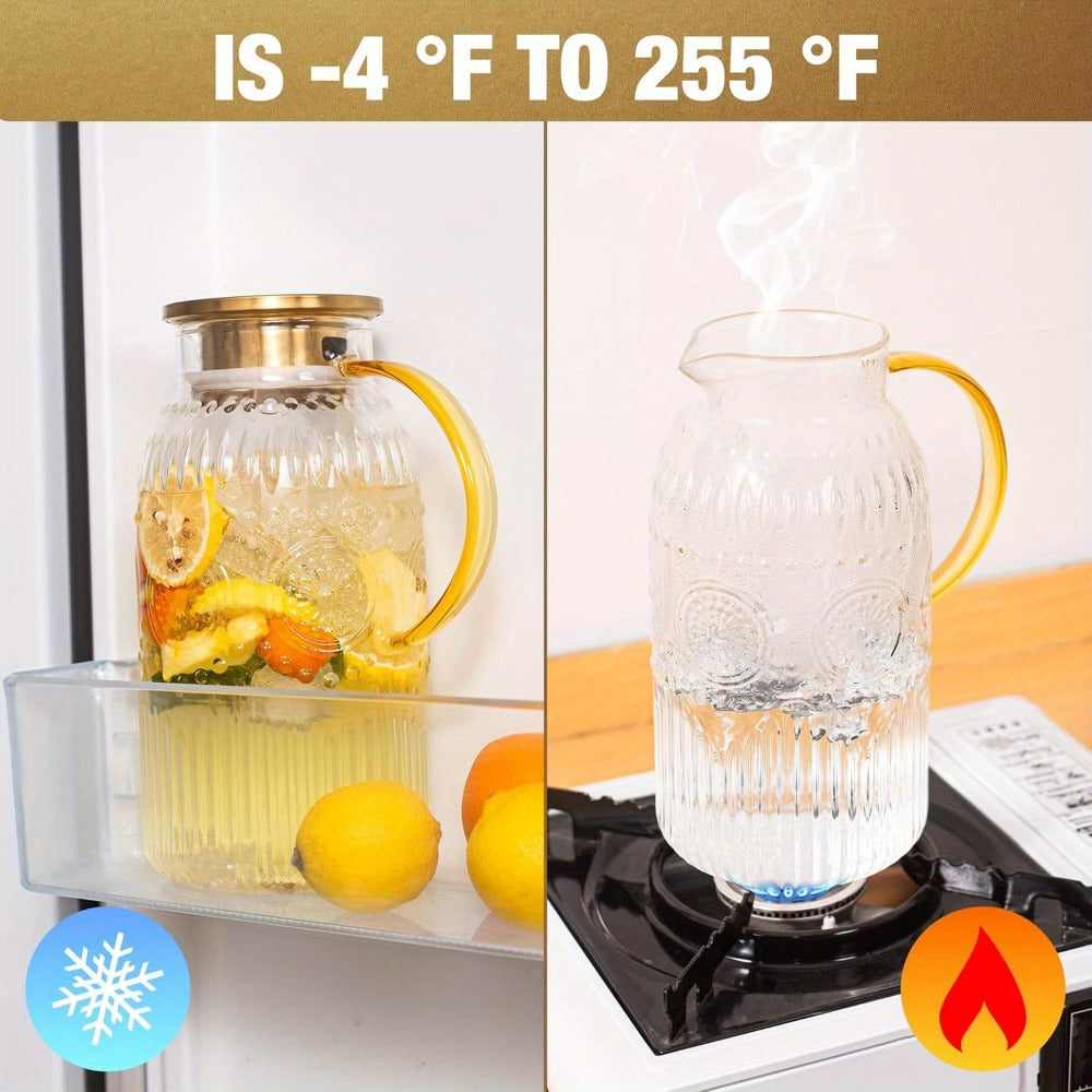 Glass Pitcher with Lid 68oz 2 Liter Heat Resistant Borosilicate Glass Water Carafe Vintage Design for Cold Brew Coffee Lemonade Iced Tea Juice Parties Picnics Camping Office Kitchen