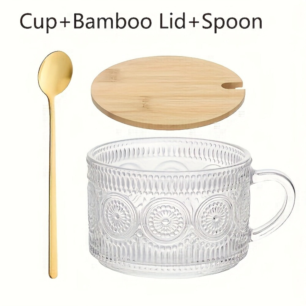 Glass Coffee Cups Set of 4 with Bamboo Lids and Spoons 450ml Vintage Embossed Iced Coffee Glasses for Cappuccino Latte Overnight Oats