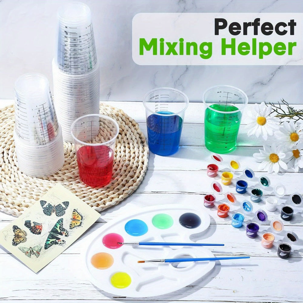 Plastic Measuring Cups with Wooden Sticks 100 Sets Clear Graduated Mixing Cups oz/ml/cc for Resin, Cooking, Baking & Epoxy ¨C Disposable Paint Mixing Cups