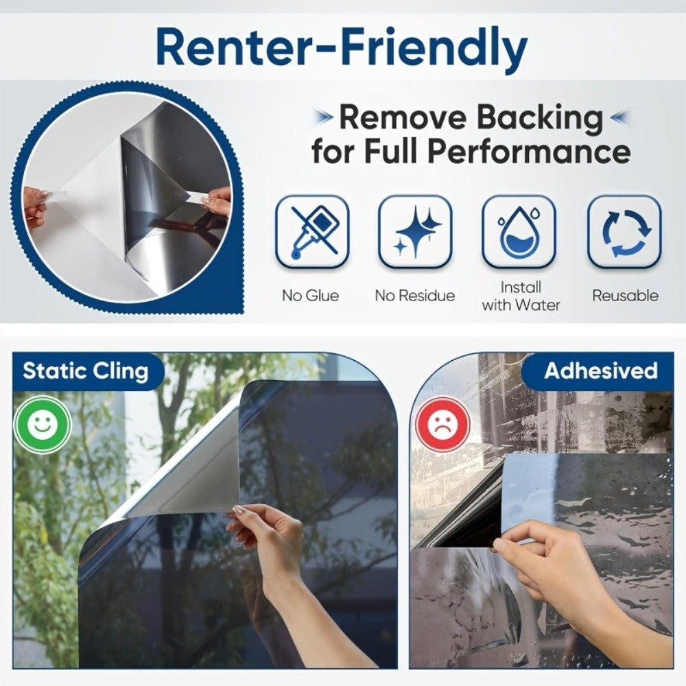 One Way Window Privacy Film Static Cling No Glue UV Blocking Heat Control Reflective Mirror Film for Home Office Bathroom, 12 Mil, Black Blue Gray Silver