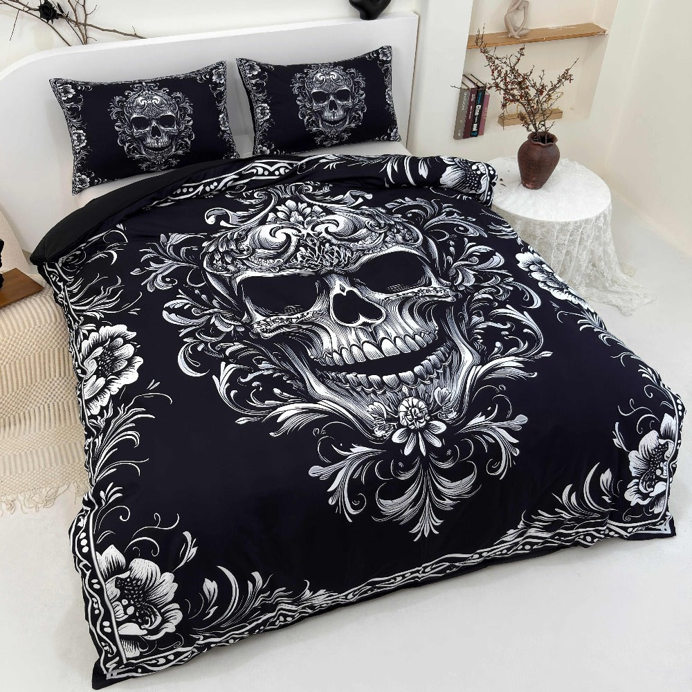 Skull Duvet Cover Set 3pcs ¨C Gothic Victorian Baroque Black & White Skull Bedding with 2 Pillowcases, Digital Print Halloween Bedroom Decor (Twin, Full, Queen, King ¨C No Insert)