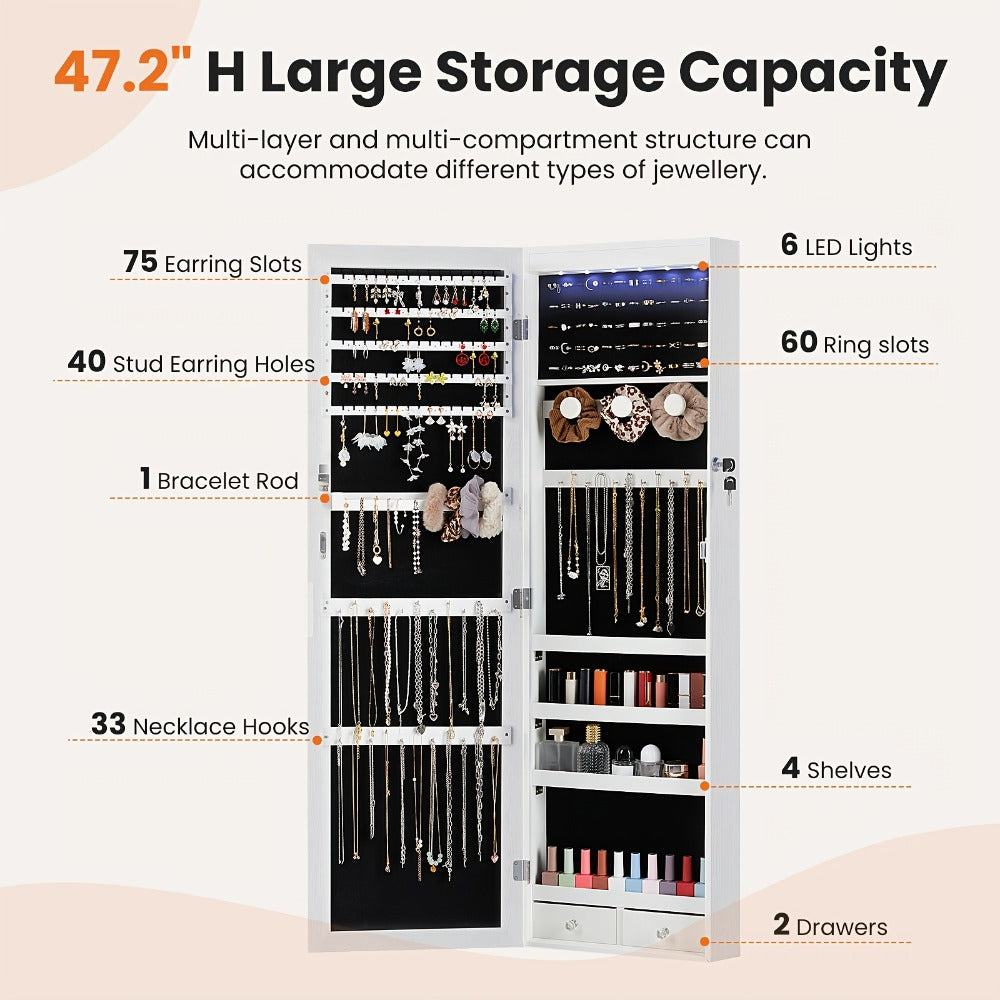 Jewelry Armoire Floor Standing 47.2¡± Full-Length Mirror Cabinet with 6 LED Lights Dual Lock, Jewelry Organizer for Necklaces Earrings Rings Bracelets, Bedroom Closet Storage 4 Colors