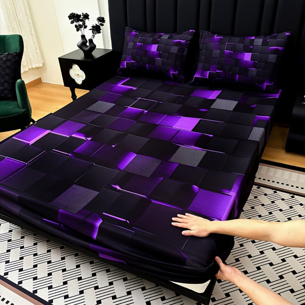 Fitted Sheet Set 3 Piece Digital Print Plaid - Deep Pocket 15 Inch Bed Sheet with 2 Pillowcases, 85% Polyester Soft Breathable Bedding Set for Twin Full Queen King, All Season Mattress Cover