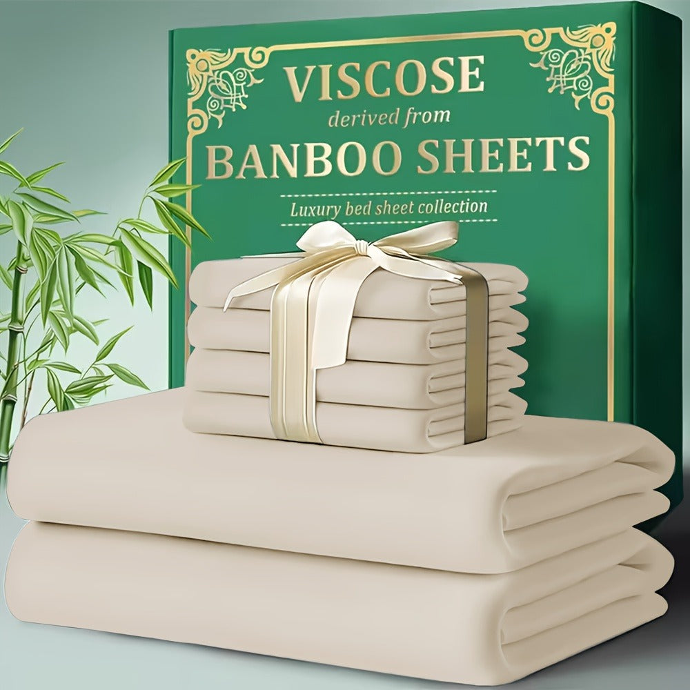 Bamboo Cooling Bed Sheet Set 4pcs - Ultra Soft Breathable Deep Pocket Fitted Sheets, 2200TC Cooling Fabric, Shrink & Wrinkle Resistant, All-Season Bedding